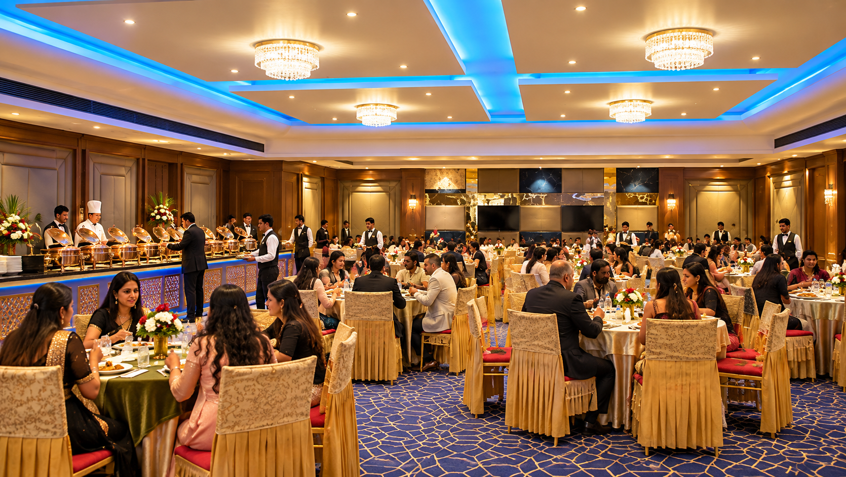 Elegant blue-lit banquet hall